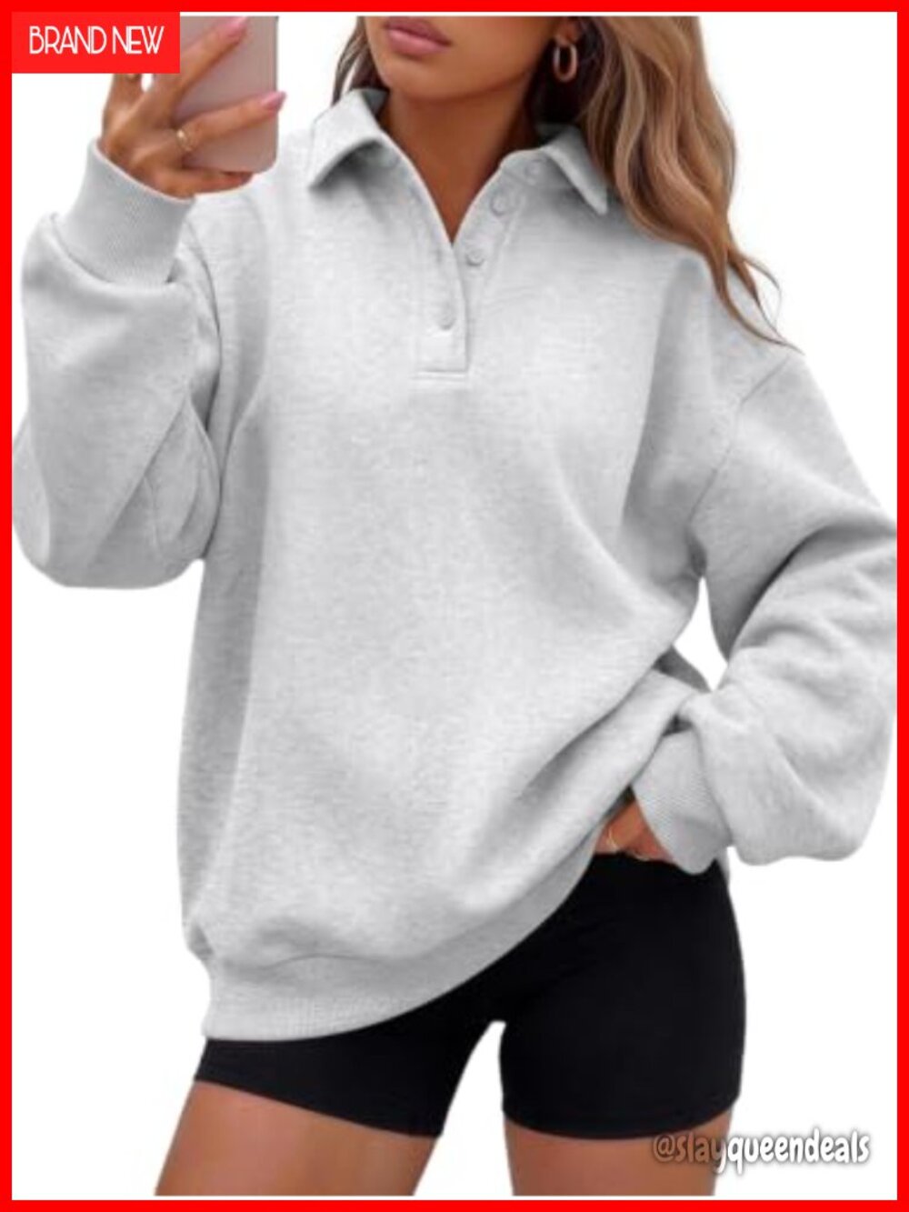 Oversized Polo Collar Fleece Pullover Sweatshirt Quarter Button Drop Shoulder
